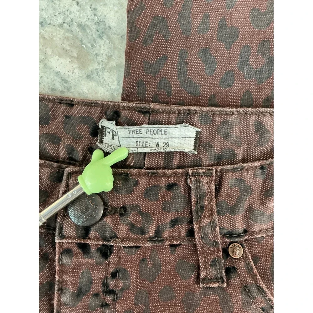 Free People Skinny Jeans 29 Brown Leopard Print Low Rise Animal Pattern Pockets